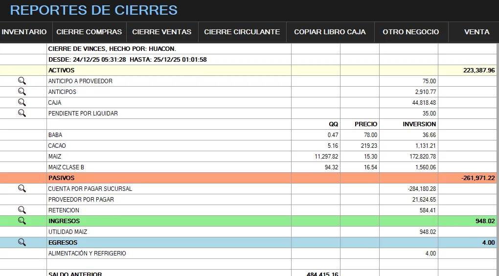 Plataforma Integral para Comercialización de Maíz — Cierres contables e inventario