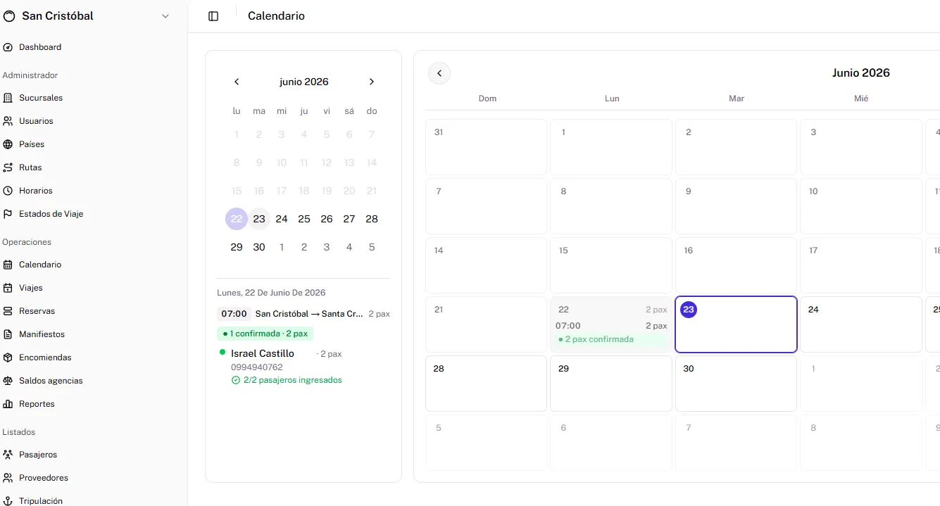 Sistema Integral para Transporte Marítimo — Calendario de viajes y reservas